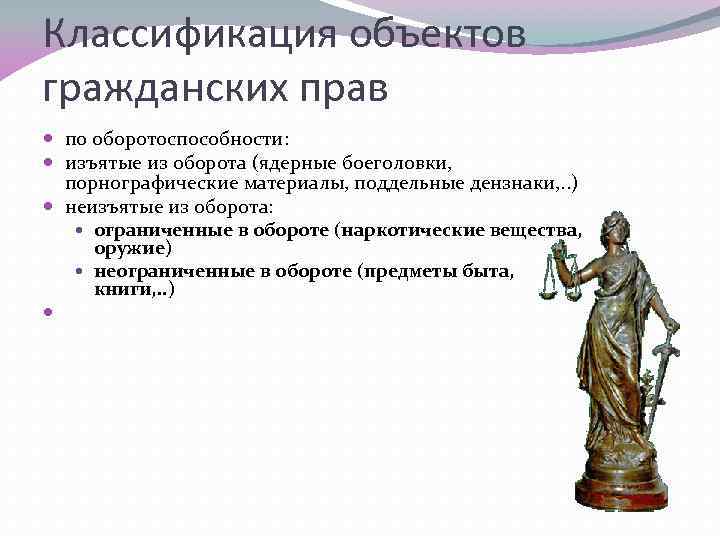 Классификация объектов гражданских прав по оборотоспособности: изъятые из оборота (ядерные боеголовки, порнографические материалы, поддельные