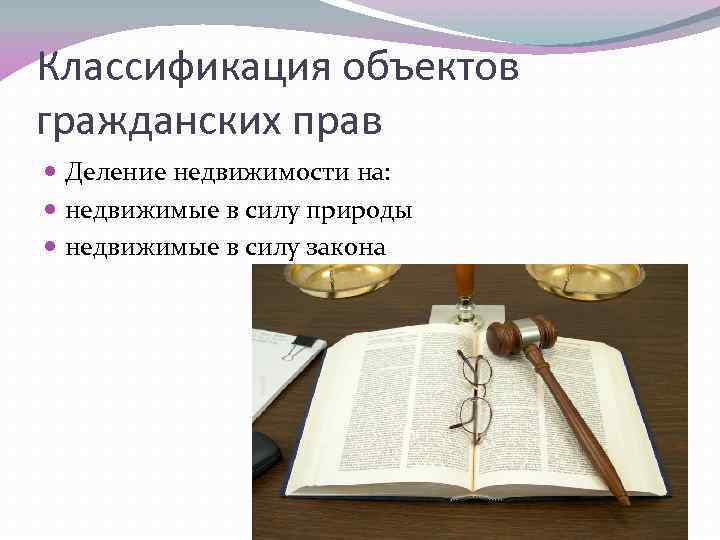 Классификация объектов гражданских прав Деление недвижимости на: недвижимые в силу природы недвижимые в силу