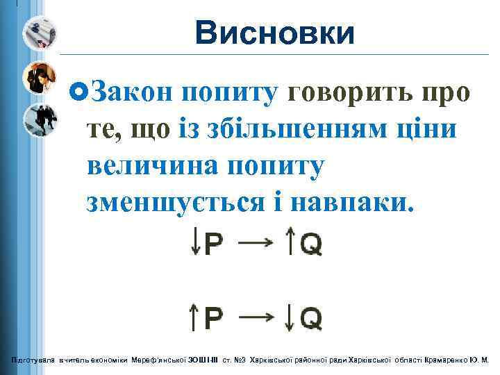 Висновки £Закон попиту говорить про те, що із збільшенням ціни величина попиту зменшується і