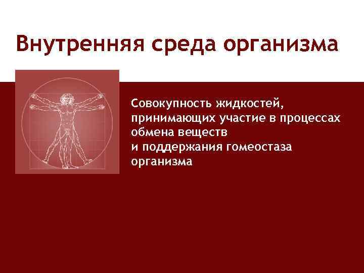 Внутренняя среда организма Совокупность жидкостей, принимающих участие в процессах обмена веществ и поддержания гомеостаза