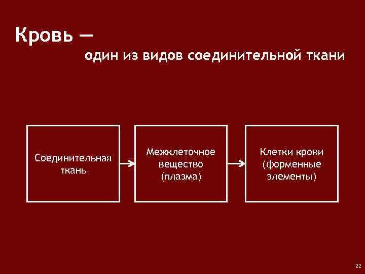 Кровь ― один из видов соединительной ткани Соединительная ткань Межклеточное вещество (плазма) Клетки крови