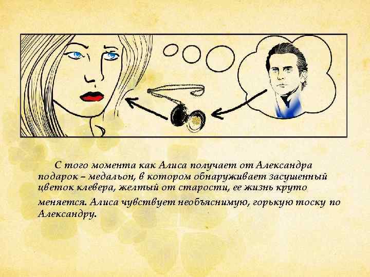 С того момента как Алиса получает от Александра подарок – медальон, в котором обнаруживает