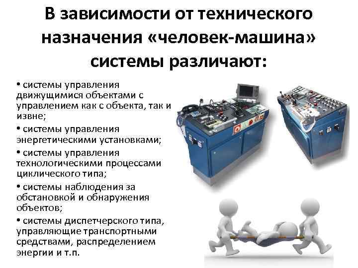 В зависимости от технического назначения «человек-машина» системы различают: • системы управления движущимися объектами с