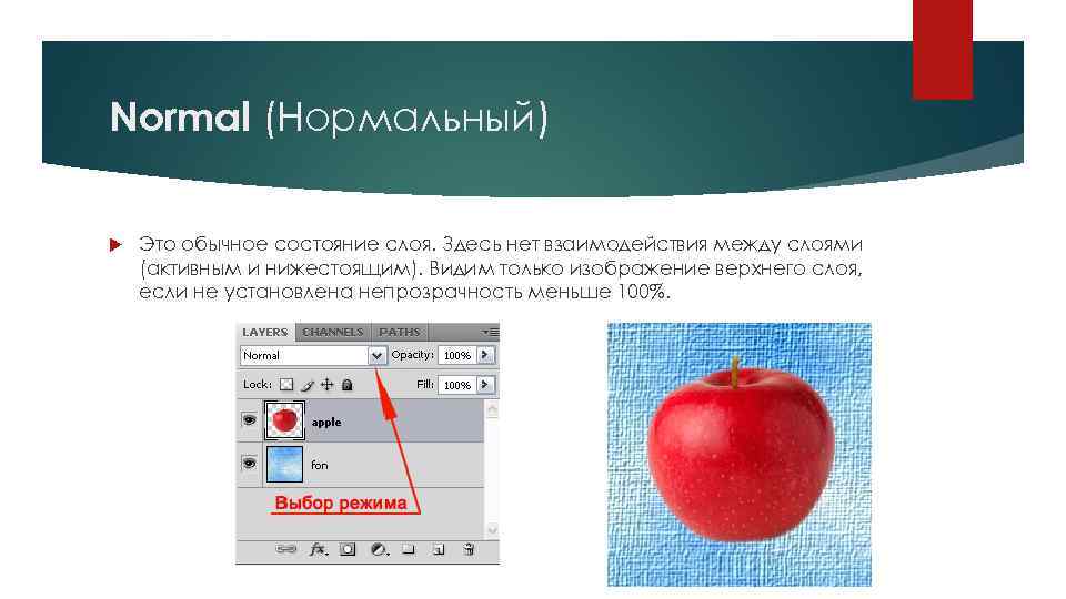 Normal (Нормальный) Это обычное состояние слоя. Здесь нет взаимодействия между слоями (активным и нижестоящим).