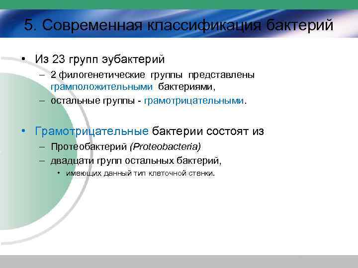 5. Современная классификация бактерий • Из 23 групп эубактерий – 2 филогенетические группы представлены