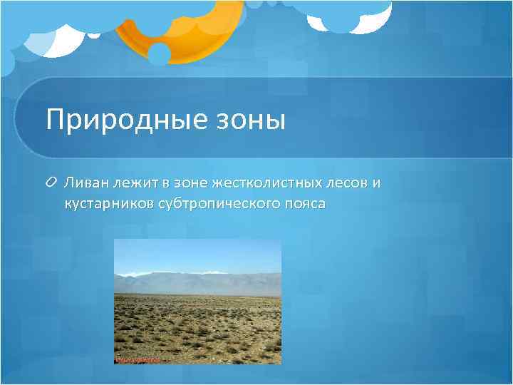 Природные зоны Ливан лежит в зоне жестколистных лесов и кустарников субтропического пояса 