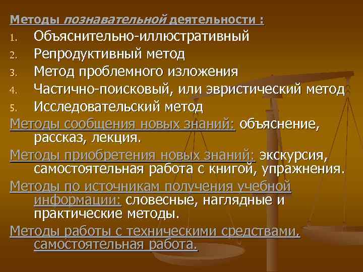 Методы познавательной деятельности : Объяснительно-иллюстративный 2. Репродуктивный метод 3. Метод проблемного изложения 4. Частично-поисковый,