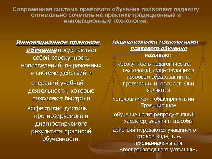 Современная система правового обучения позволяет педагогу оптимально сочетать на практике традиционные и инновационные технологии.