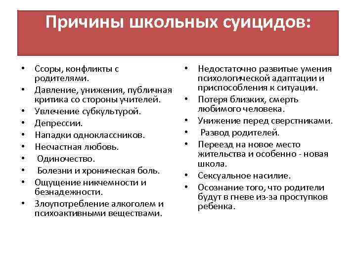 Причины школьных суицидов: • Ссоры, конфликты с родителями. • Давление, унижения, публичная критика со