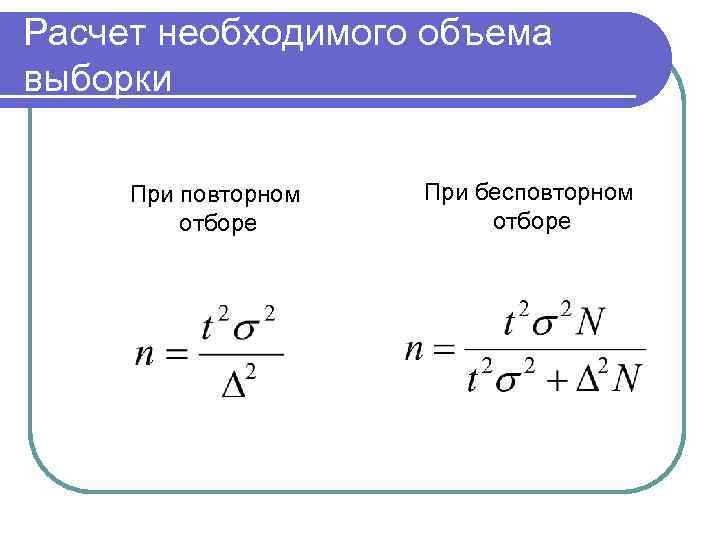 Расчет необходимого объема выборки При повторном отборе При бесповторном отборе 