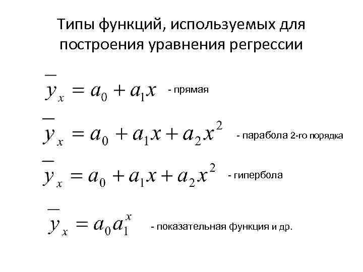 Типы функций, используемых для построения уравнения регрессии - прямая - парабола 2 -го порядка