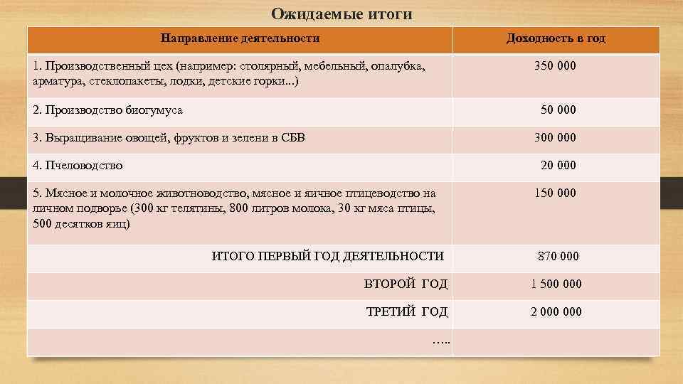 Ожидаемые итоги Направление деятельности Доходность в год 1. Производственный цех (например: столярный, мебельный, опалубка,