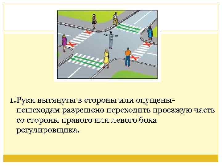 1. Руки вытянуты в стороны или опущеныпешеходам разрешено переходить проезжую часть со стороны правого