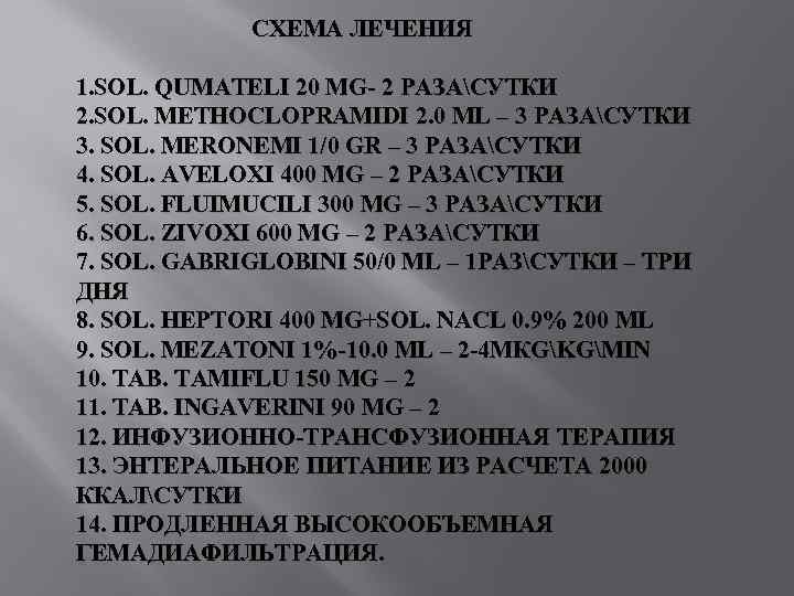 СХЕМА ЛЕЧЕНИЯ 1. SOL. QUMATELI 20 MG- 2 РАЗАСУТКИ 2. SOL. METHOCLOPRAMIDI 2. 0