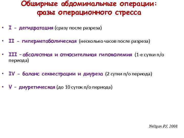 Обширные абдоминальные операции: фазы операционного стресса • I - дегидратация (сразу после разреза) •