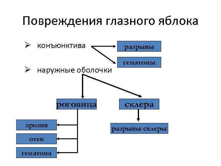 Повреждения глазного яблока Ø конъюнктива разрывы Ø наружные оболочки роговица эрозия отек гематома гематомы