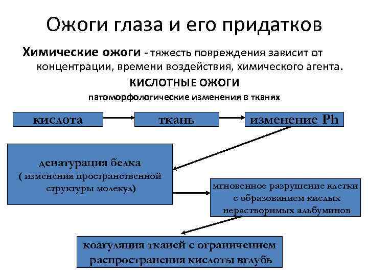 Ожоги глаза и его придатков Химические ожоги - тяжесть повреждения зависит от концентрации, времени