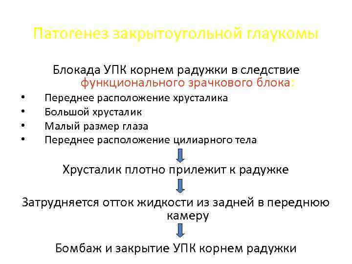 Патогенез закрытоугольной глаукомы • • Блокада УПК корнем радужки в следствие функционального зрачкового блока: