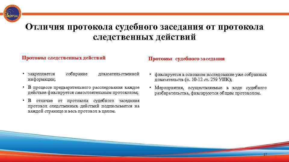 Отличия протокола судебного заседания от протокола следственных действий Протокол судебного заседания • закрепляется информации;