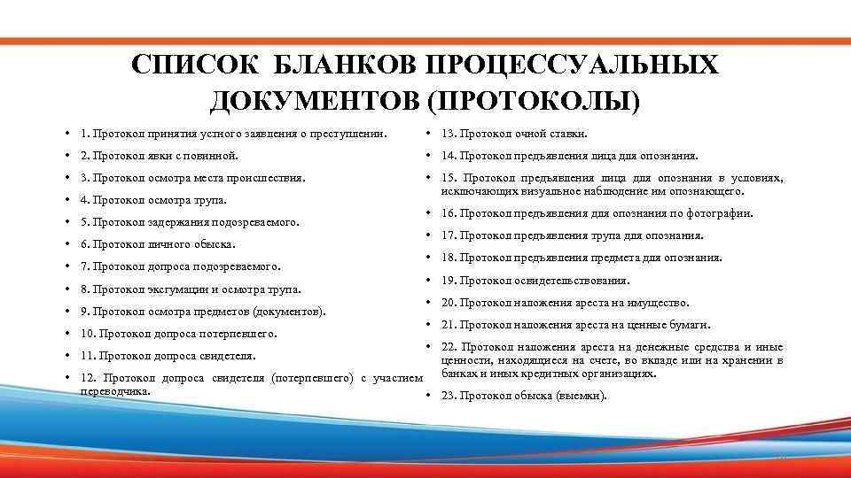 СПИСОК БЛАНКОВ ПРОЦЕССУАЛЬНЫХ ДОКУМЕНТОВ (ПРОТОКОЛЫ) • 1. Протокол принятия устного заявления о преступлении. •