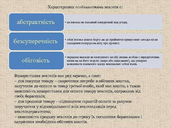 Характерними особливостями векселя є: абстрактність • на векселі не вказаний конкретний вид угоди; безсуперечність