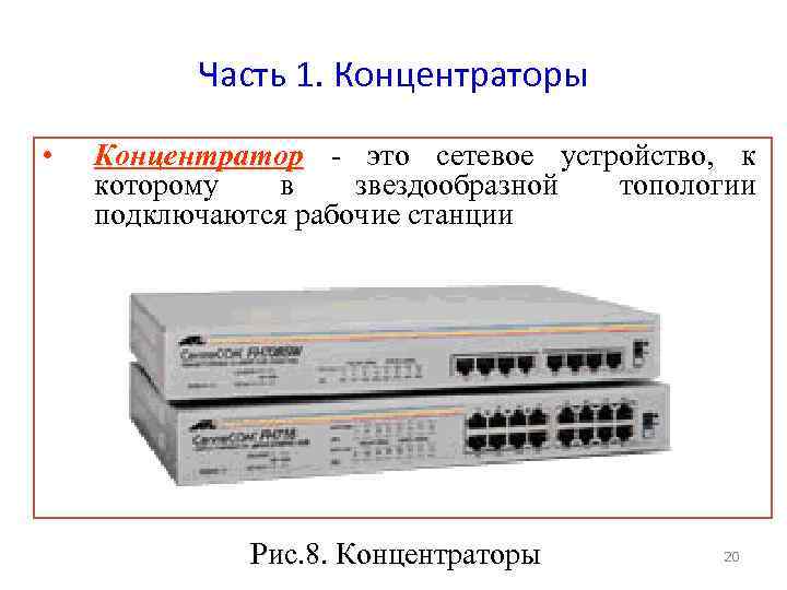 Часть 1. Концентраторы • Концентратор - это сетевое устройство, к которому в звездообразной топологии