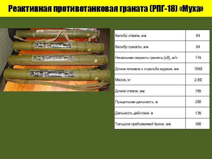 Реактивная противотанковая граната (РПГ-18) «Муха» Калибр ствола, мм 64 Калибр гранаты, мм 64 Начальная