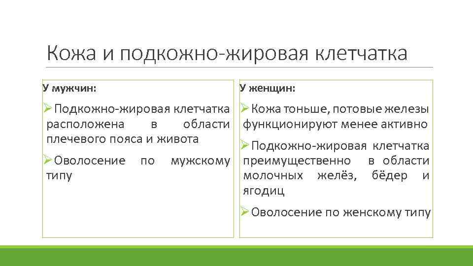 Кожа и подкожно-жировая клетчатка У мужчин: У женщин: ØПодкожно-жировая клетчатка ØКожа тоньше, потовые железы