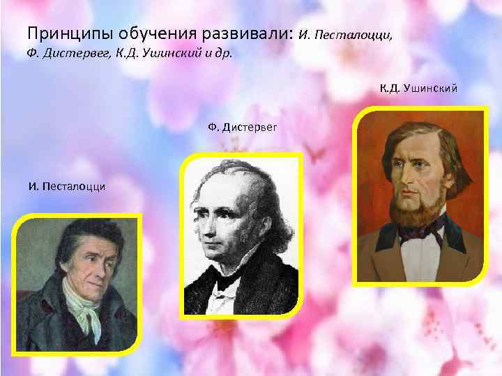 Принципы обучения развивали: И. Песталоцци, Ф. Дистервег, К. Д. Ушинский и др. К. Д.