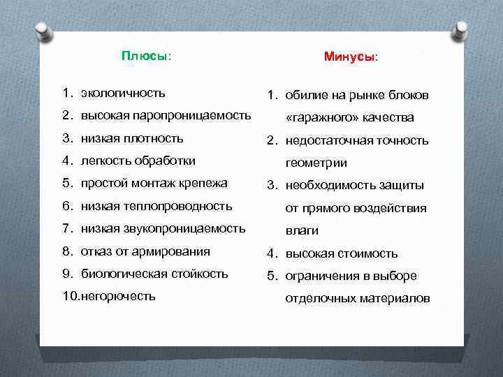 Плюсы: 1. экологичность 2. высокая паропроницаемость 3. низкая плотность 4. легкость обработки 5. простой