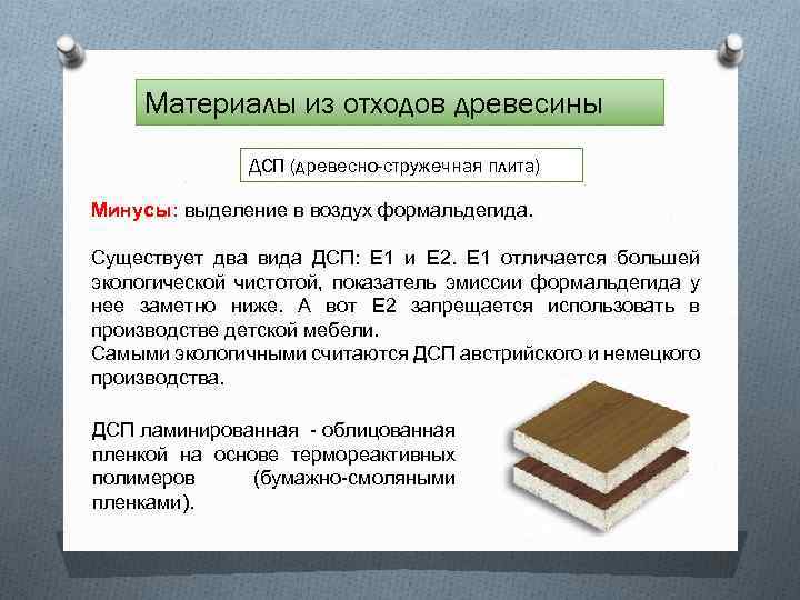 Материалы из отходов древесины ДСП (древесно-стружечная плита) Минусы: выделение в воздух формальдегида. Существует два