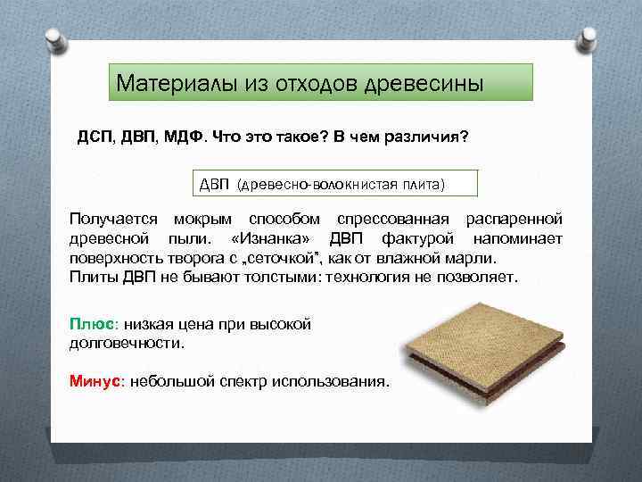 Материалы из отходов древесины ДСП, ДВП, МДФ. Что это такое? В чем различия? ДВП