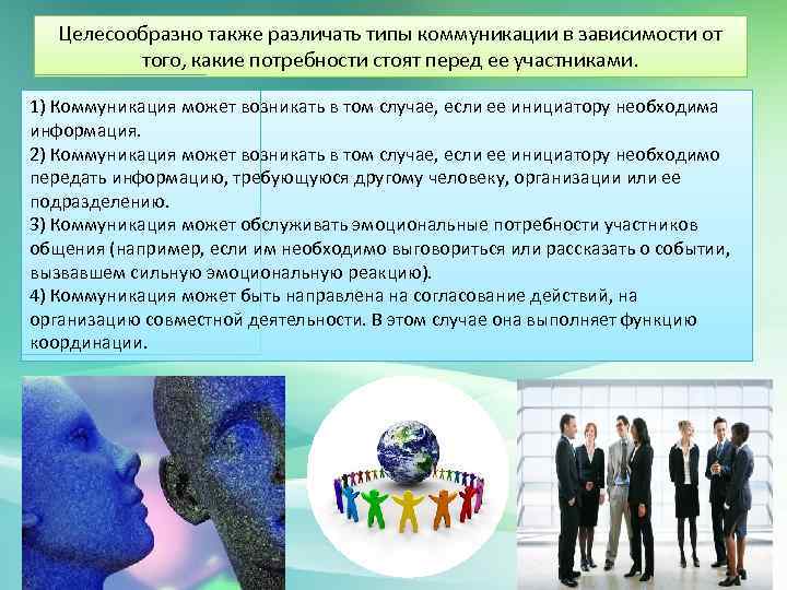 Целесообразно также различать типы коммуникации в зависимости от того, какие потребности стоят перед ее
