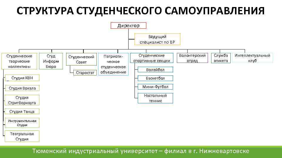 СТРУКТУРА СТУДЕНЧЕСКОГО САМОУПРАВЛЕНИЯ Директор Ведущий специалист по ВР Студенческие творческие коллективы Студия КВН Студ