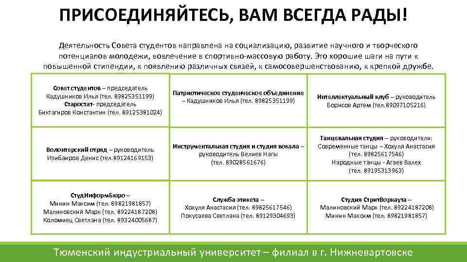 ПРИСОЕДИНЯЙТЕСЬ, ВАМ ВСЕГДА РАДЫ! Деятельность Совета студентов направлена на социализацию, развитие научного и творческого
