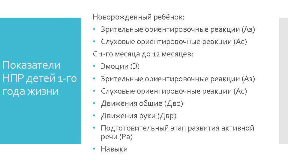 Новорожденный ребёнок: Показатели НПР детей 1 -го года жизни • Зрительные ориентировочные реакции (Аз)