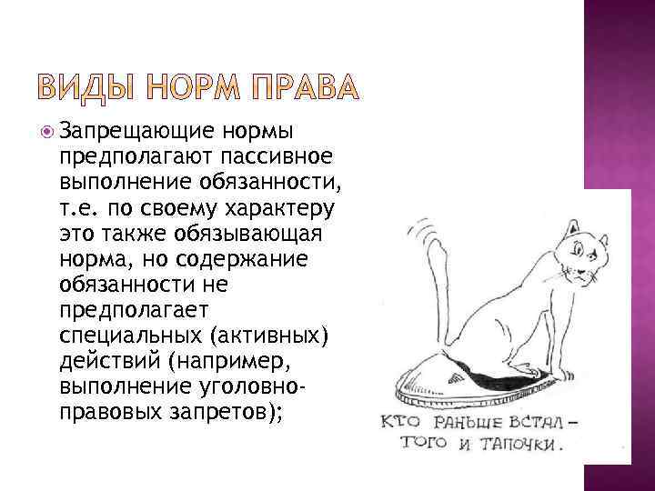  Запрещающие нормы предполагают пассивное выполнение обязанности, т. е. по своему характеру это также