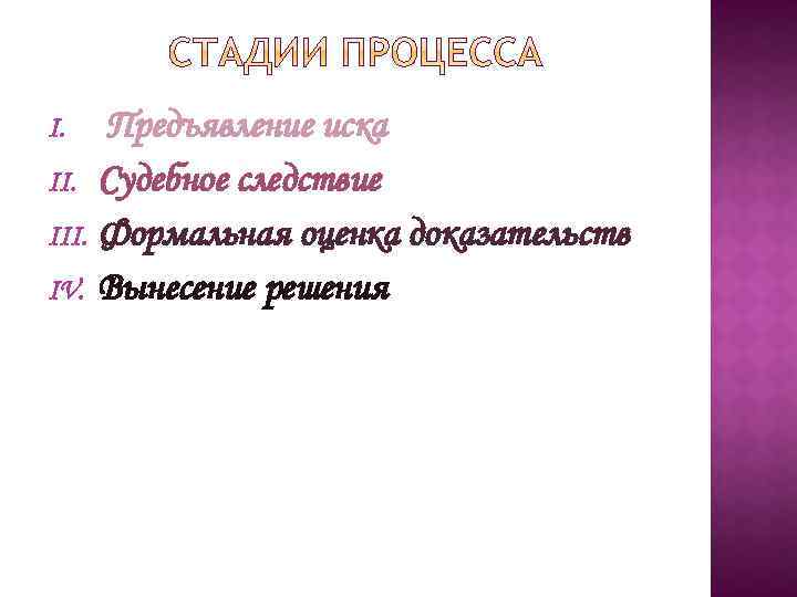 Предъявление иска II. Судебное следствие III. Формальная оценка доказательств IV. Вынесение решения I. 