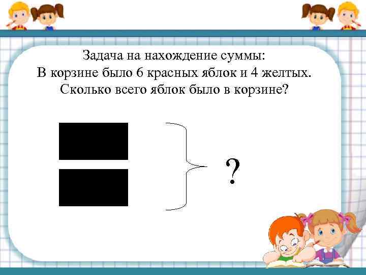 Задача на нахождение суммы: В корзине было 6 красных яблок и 4 желтых. Сколько