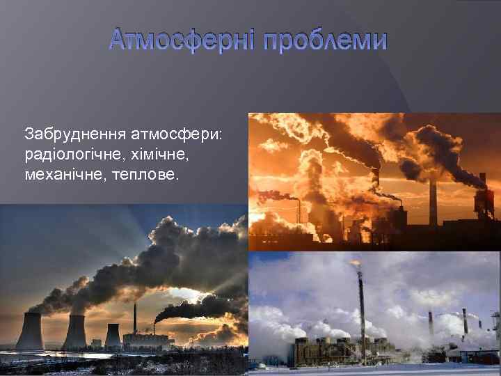 Атмосферні проблеми Забруднення атмосфери: радіологічне, хімічне, механічне, теплове. 