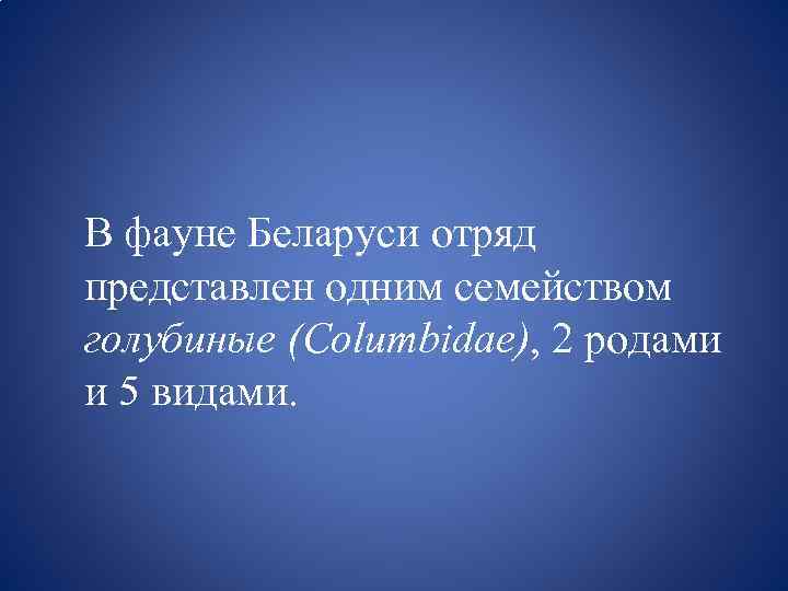 В фауне Беларуси отряд представлен одним семейством голубиные (Columbidae), 2 родами и 5 видами.