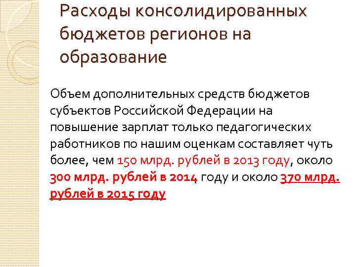 Расходы консолидированных бюджетов регионов на образование Объем дополнительных средств бюджетов субъектов Российской Федерации на