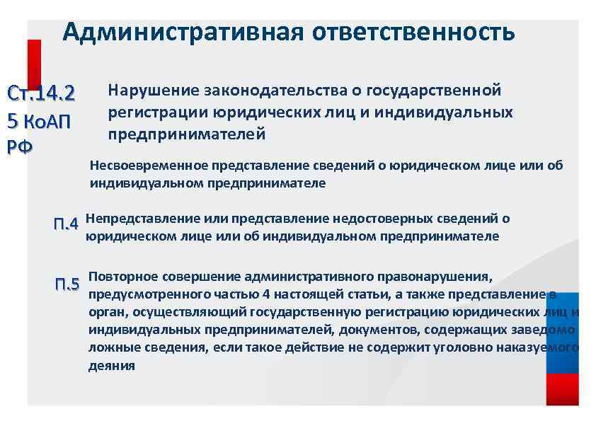 Административная ответственность Ст. 14. 2 5 Ко. АП РФ Нарушение законодательства о государственной регистрации