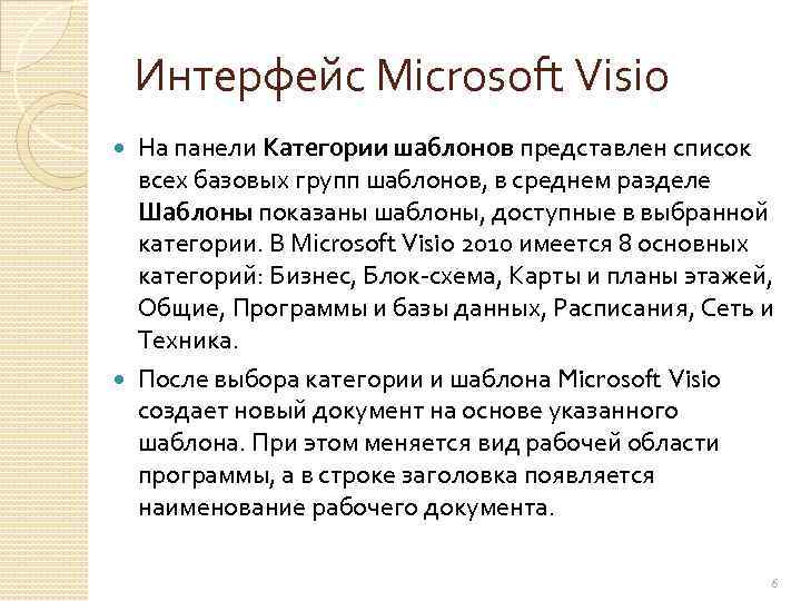 Интерфейс Microsoft Visio На панели Категории шаблонов представлен список всех базовых групп шаблонов, в