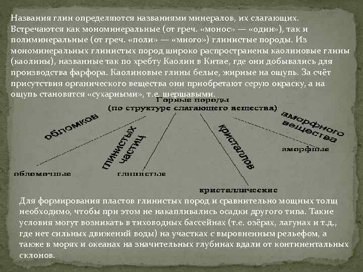 Названия глин определяются названиями минералов, их слагающих. Встречаются как мономинеральные (от греч. «монос» —