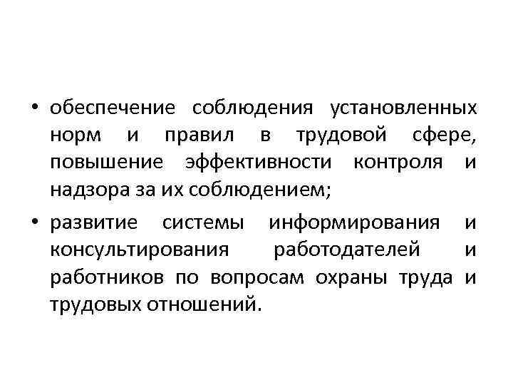  • обеспечение соблюдения установленных норм и правил в трудовой сфере, повышение эффективности контроля