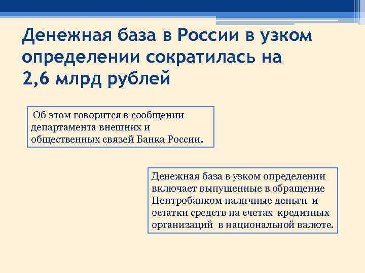 Денежная база в России в узком определении сократилась на 2, 6 млрд рублей Об