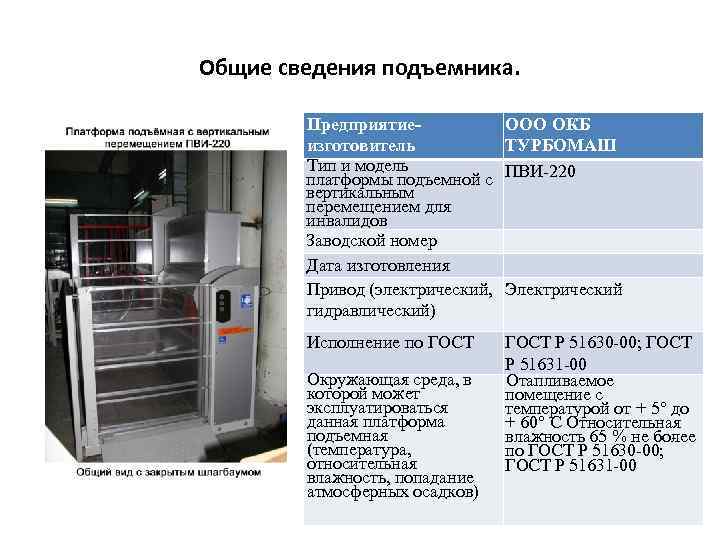 Общие сведения подъемника. Предприятие изготовитель Тип и модель платформы подъемной с вертикальным перемещением для