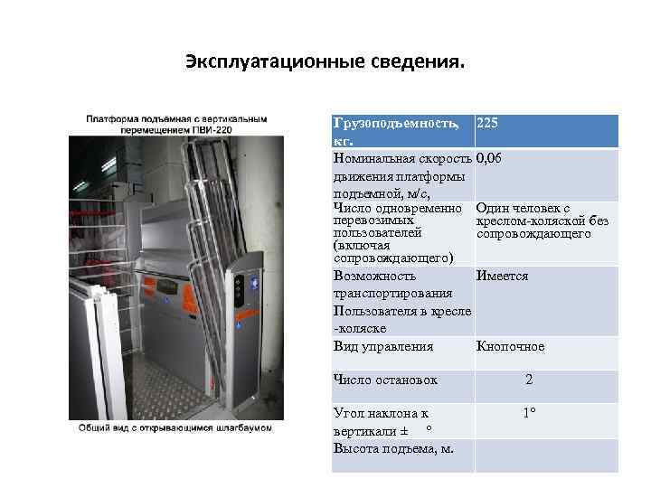 Эксплуатационные сведения. Грузоподъемность, кг. Номинальная скорость движения платформы подъемной, м/с, Число одновременно перевозимых пользователей