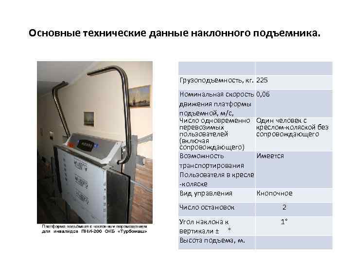 Основные технические данные наклонного подъемника. Грузоподъемность, кг. 225 Номинальная скорость 0, 06 движения платформы